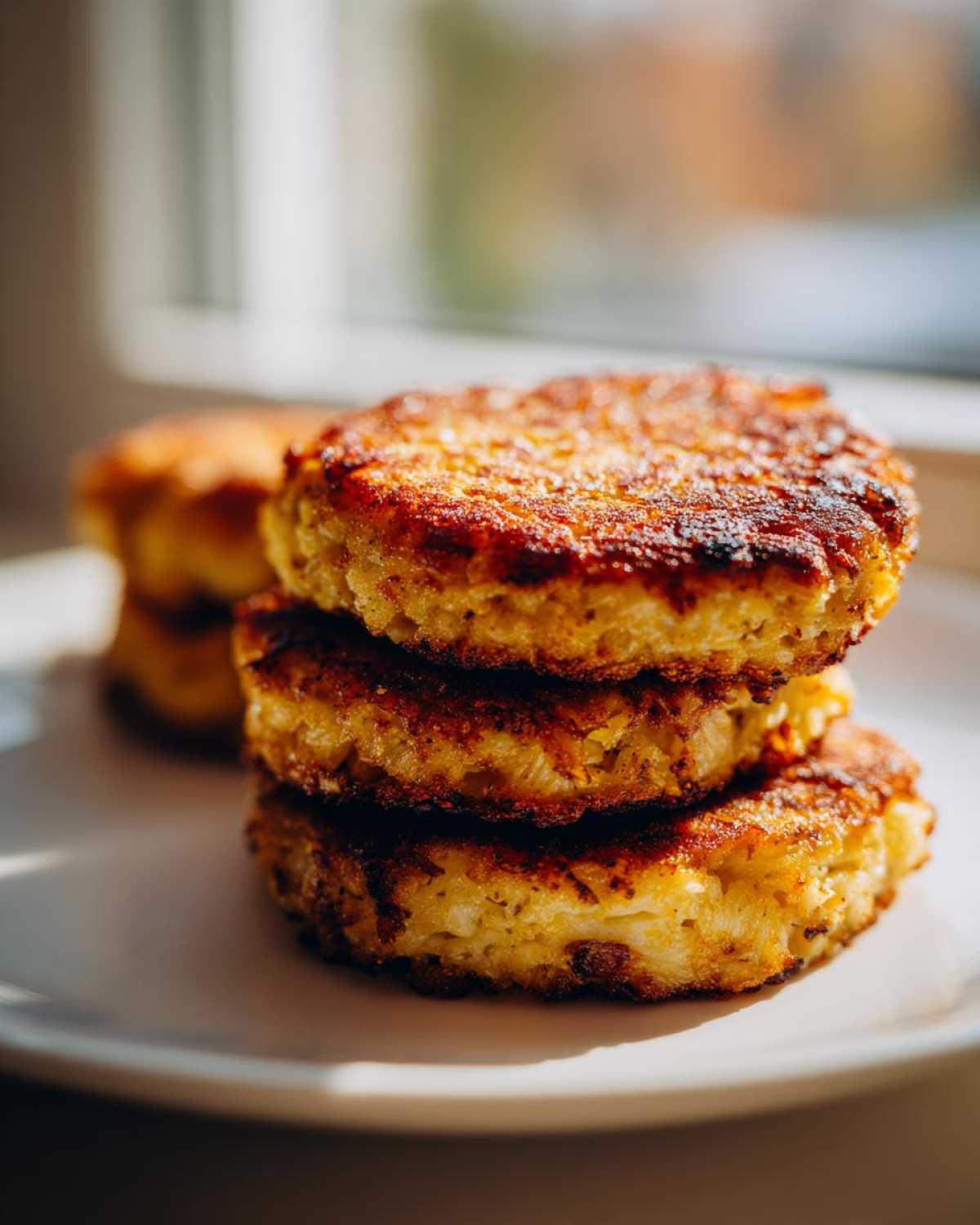 A stack of three golden-brown, crispy Keto Crispy Cauliflower Hash Browns on a white plate.