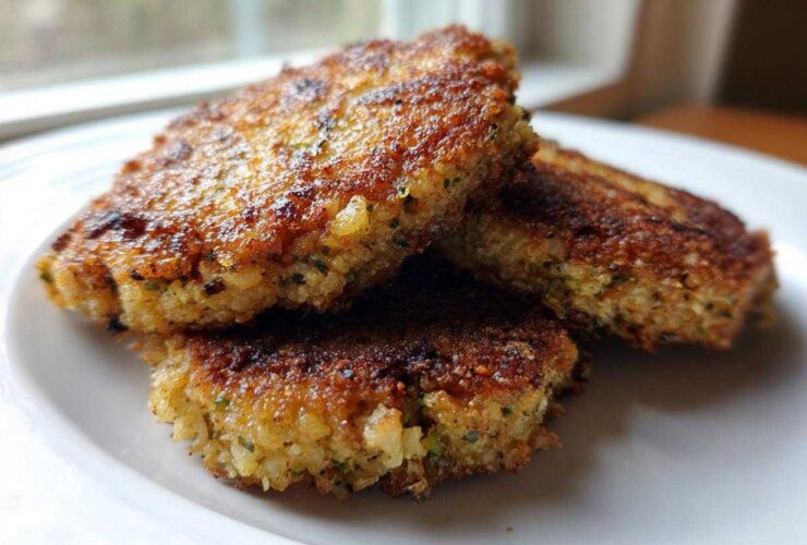 Three golden brown, pan-fried Keto Crispy Cauliflower Hash Browns stacked on a white plate.