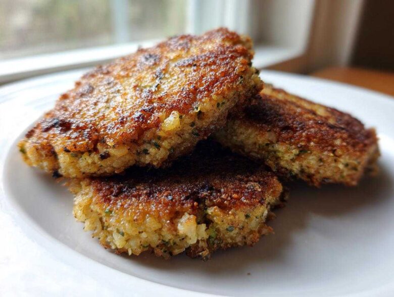 Three golden brown, pan-fried Keto Crispy Cauliflower Hash Browns stacked on a white plate.