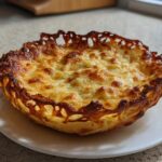A freshly baked, golden-brown Keto Crispy Cheese Taco Shell Bowl with melted, bubbly cheese on top.