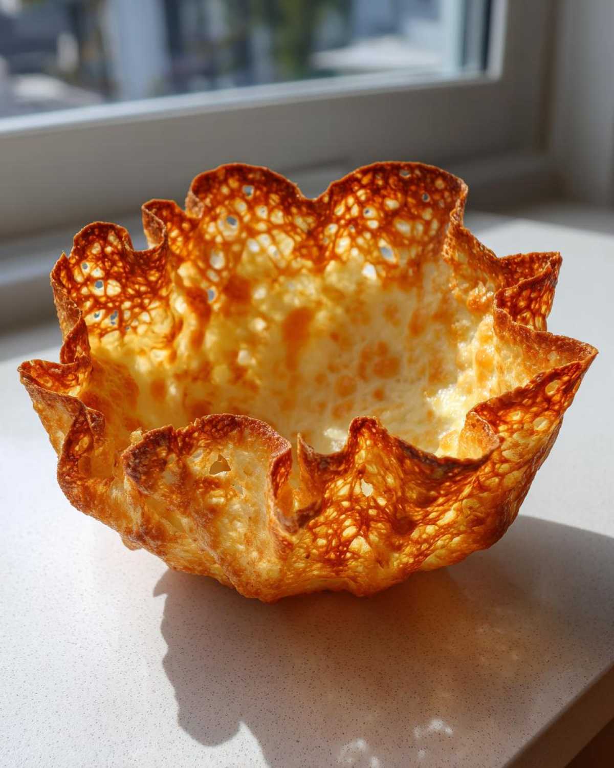A single, golden-brown, crispy Keto Crispy Cheese Taco Shell Bowl shaped like a ruffled cup, backlit by sunlight.