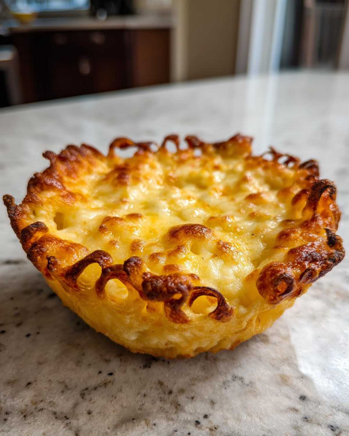 A close-up of a perfectly baked Keto Crispy Cheese Taco Shell Bowl with melted, bubbly, and slightly browned cheese.