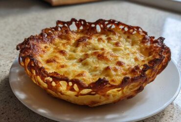 A freshly baked, golden-brown Keto Crispy Cheese Taco Shell Bowl with melted, bubbly cheese on top.