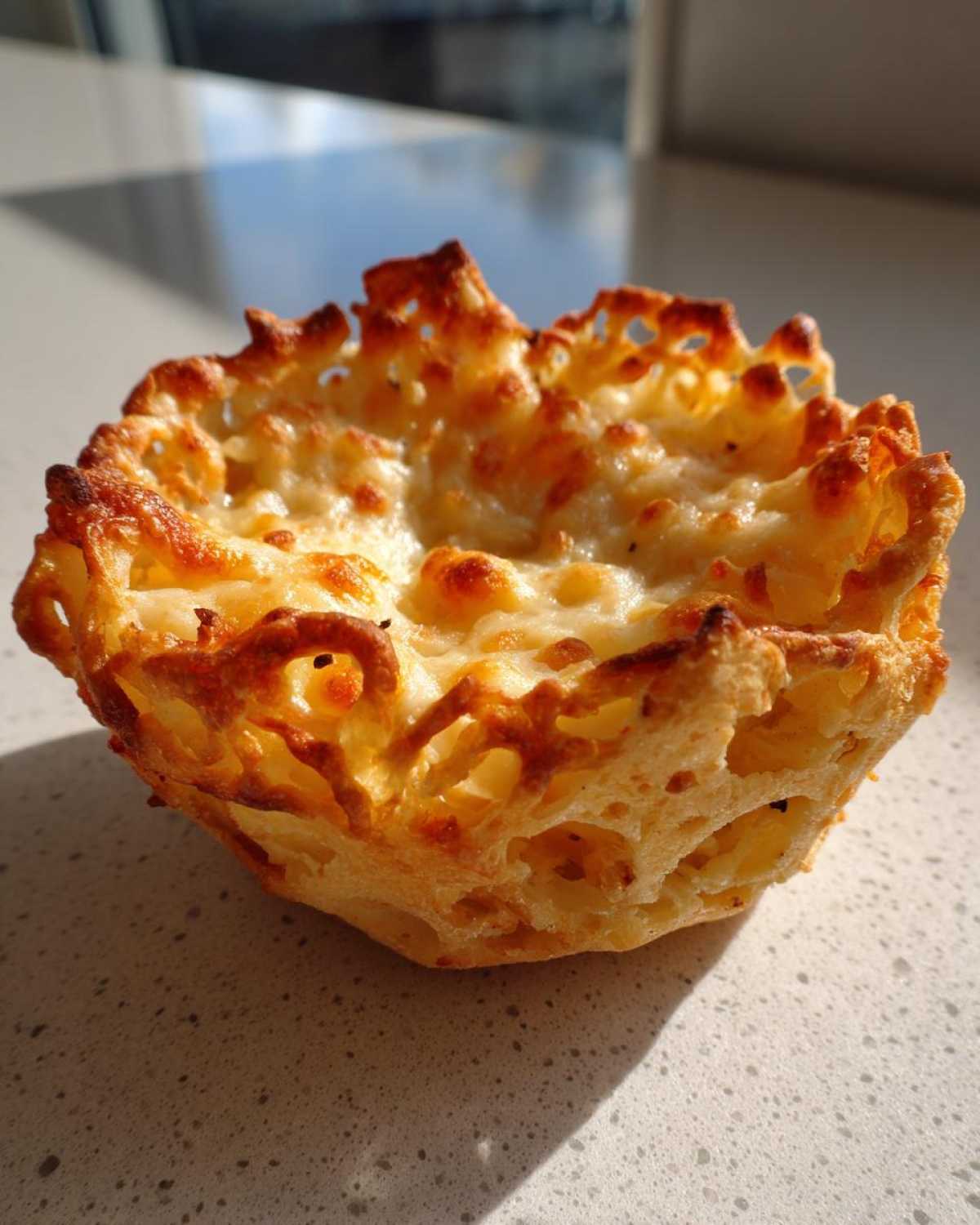 A single, golden-brown, crispy Keto Crispy Cheese Taco Shell Bowl resting on a light countertop.