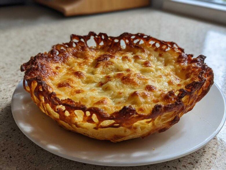 A freshly baked, golden-brown Keto Crispy Cheese Taco Shell Bowl with melted, bubbly cheese on top.