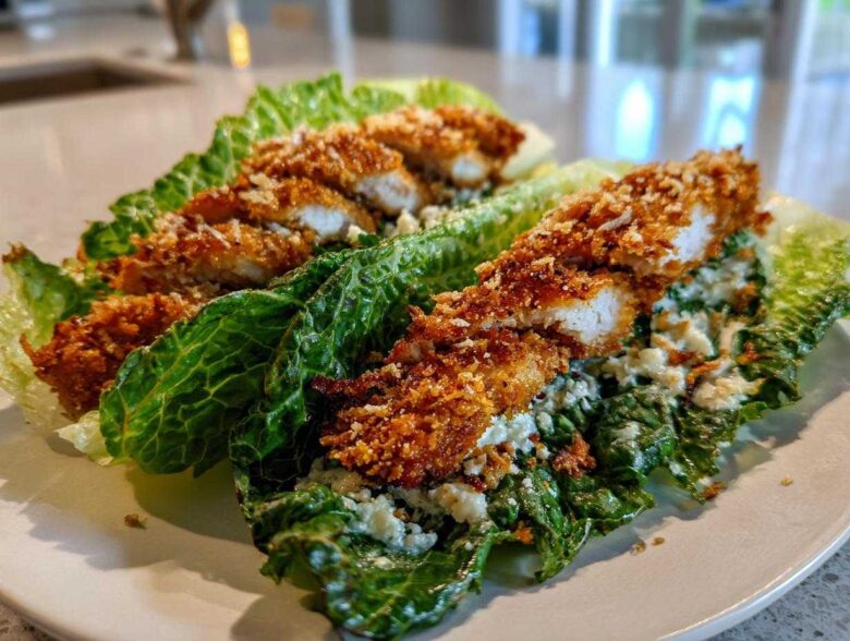 Two Keto Crispy Chicken Caesar Salad Wraps made with romaine lettuce leaves, topped with crispy chicken strips and Caesar dressing.