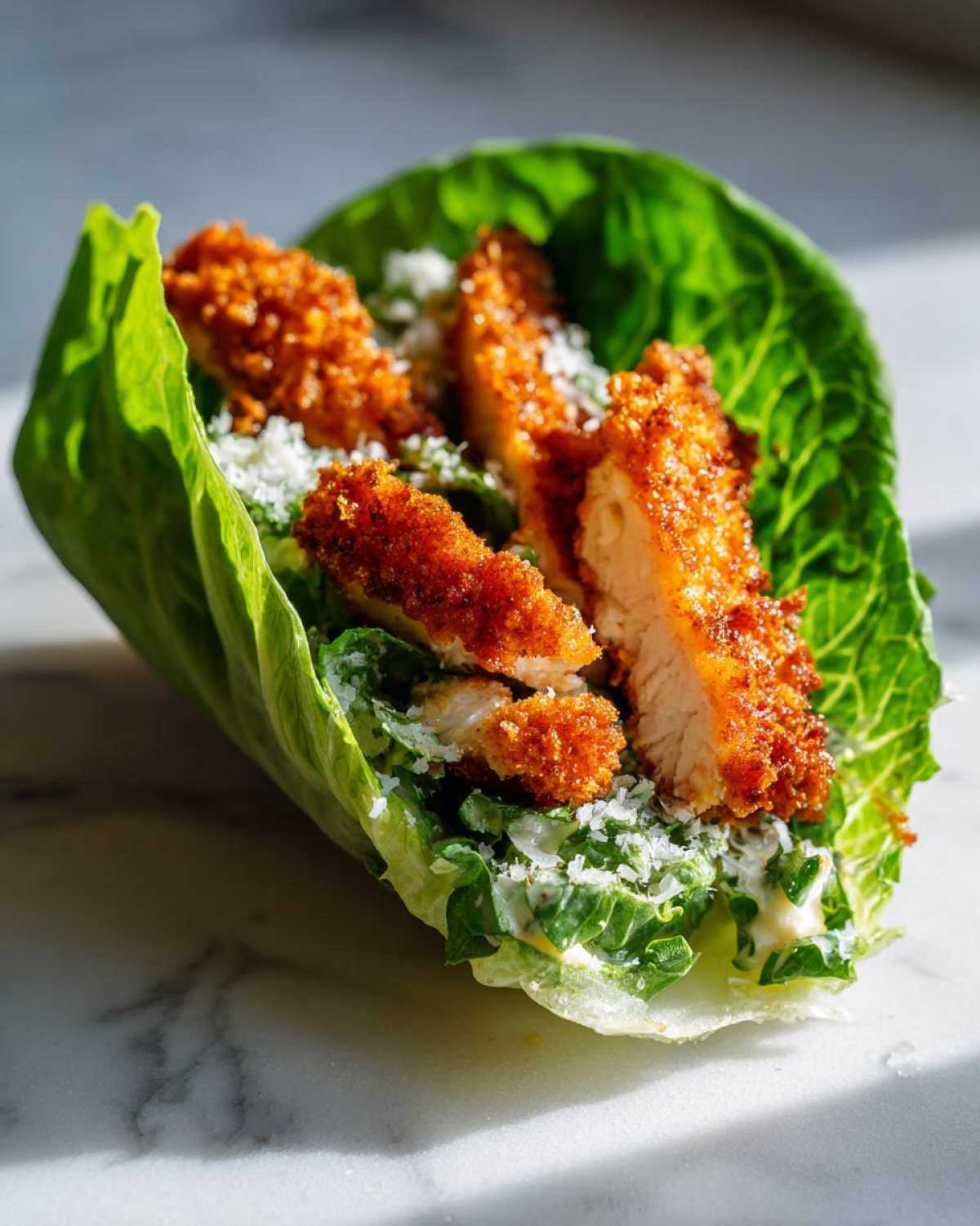 A close-up of Keto Crispy Chicken Caesar Salad Wraps featuring breaded chicken strips in a crisp romaine lettuce cup with Caesar dressing and parmesan.