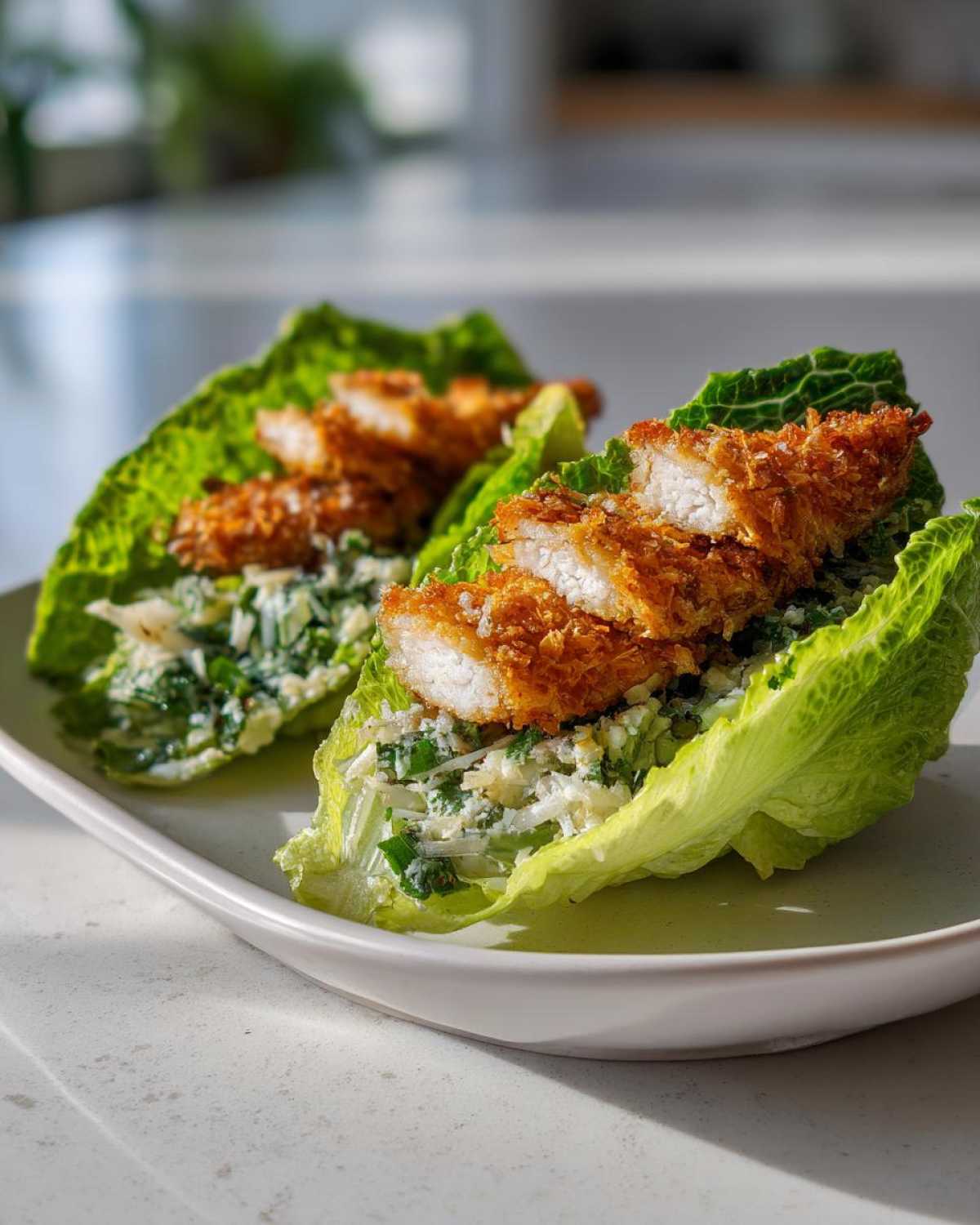 Two Keto Crispy Chicken Caesar Salad Wraps made with crisp lettuce cups, creamy filling, and sliced crispy chicken.