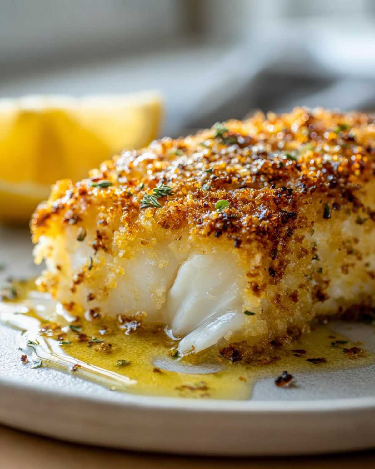 Close-up of a flaky white fish fillet with a golden, crispy Keto Crispy Parmesan Crusted Cod topping, resting in butter sauce with herbs.