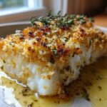 A close-up of a flaky white fish fillet topped with golden Keto Crispy Parmesan Crusted Cod topping and fresh thyme.