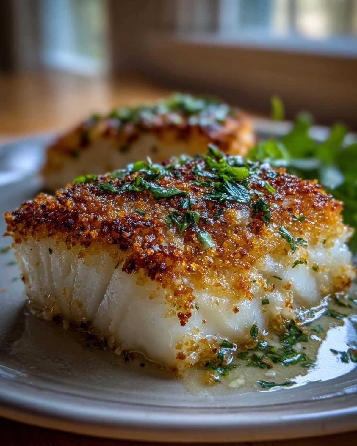 Close-up of a perfectly cooked Keto Crispy Parmesan Crusted Cod fillet, topped with fresh herbs and sitting in pan juices.