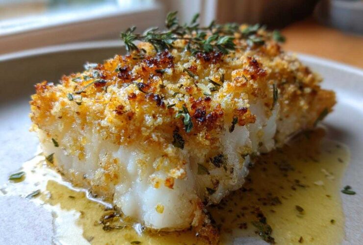 A close-up of a flaky white fish fillet topped with golden Keto Crispy Parmesan Crusted Cod topping and fresh thyme.