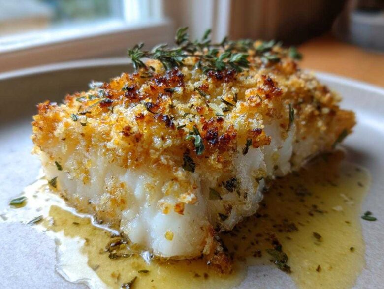 A close-up of a flaky white fish fillet topped with golden Keto Crispy Parmesan Crusted Cod topping and fresh thyme.