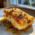 A perfectly cooked fillet of Keto Crispy Parmesan Crusted Cod resting in butter sauce on a plate.