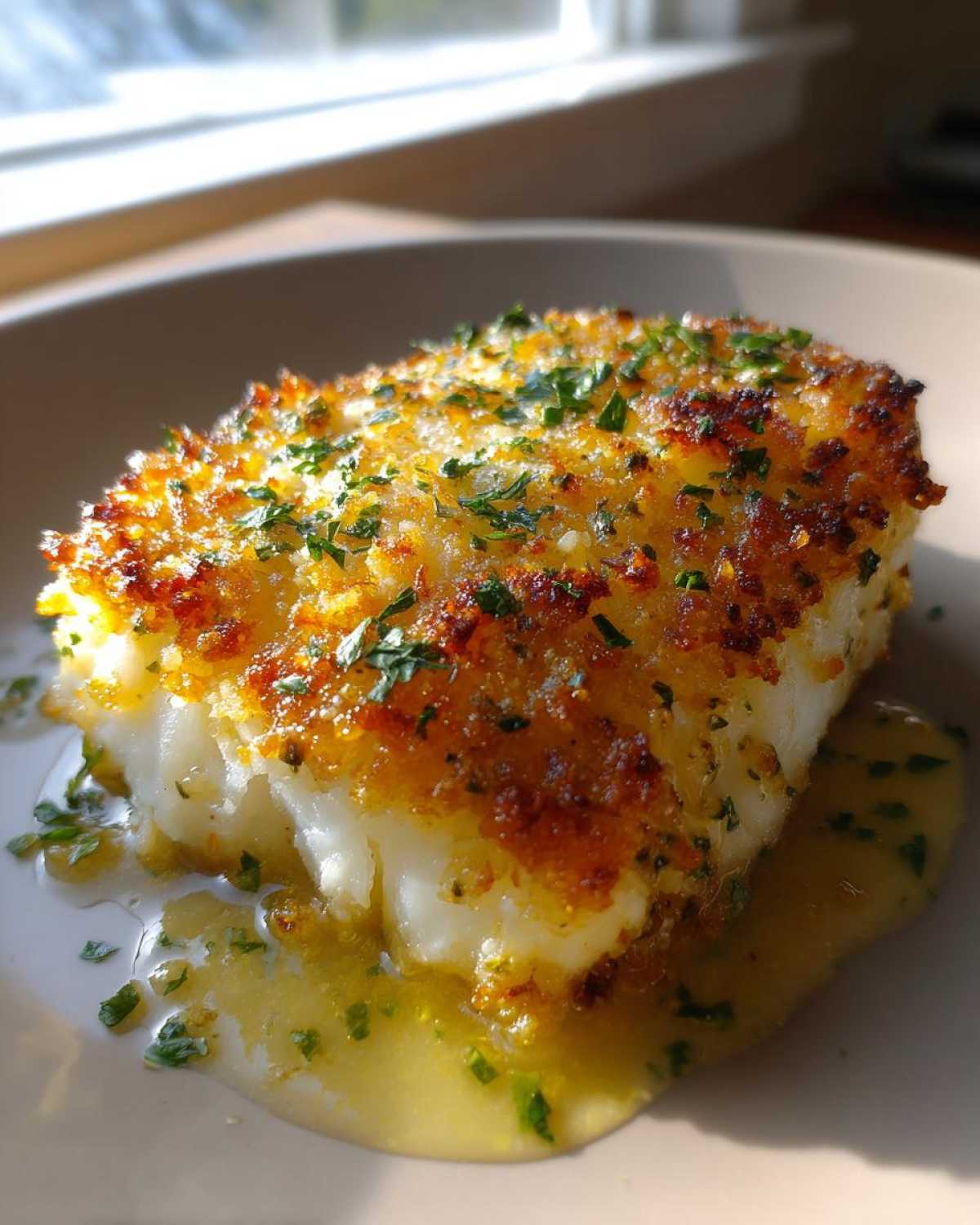 Close-up of a perfectly cooked Keto Crispy Parmesan Crusted Cod fillet resting in a pool of lemon butter sauce and topped with fresh parsley.