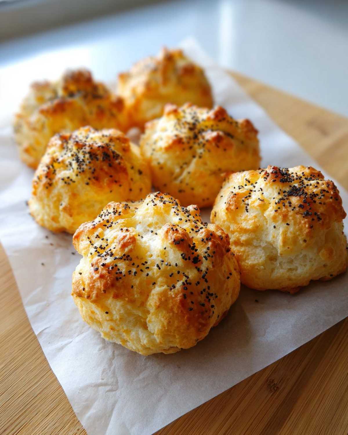 Six golden brown Keto Everything Bagel Cloud Bread puffs topped with poppy seeds on parchment paper.