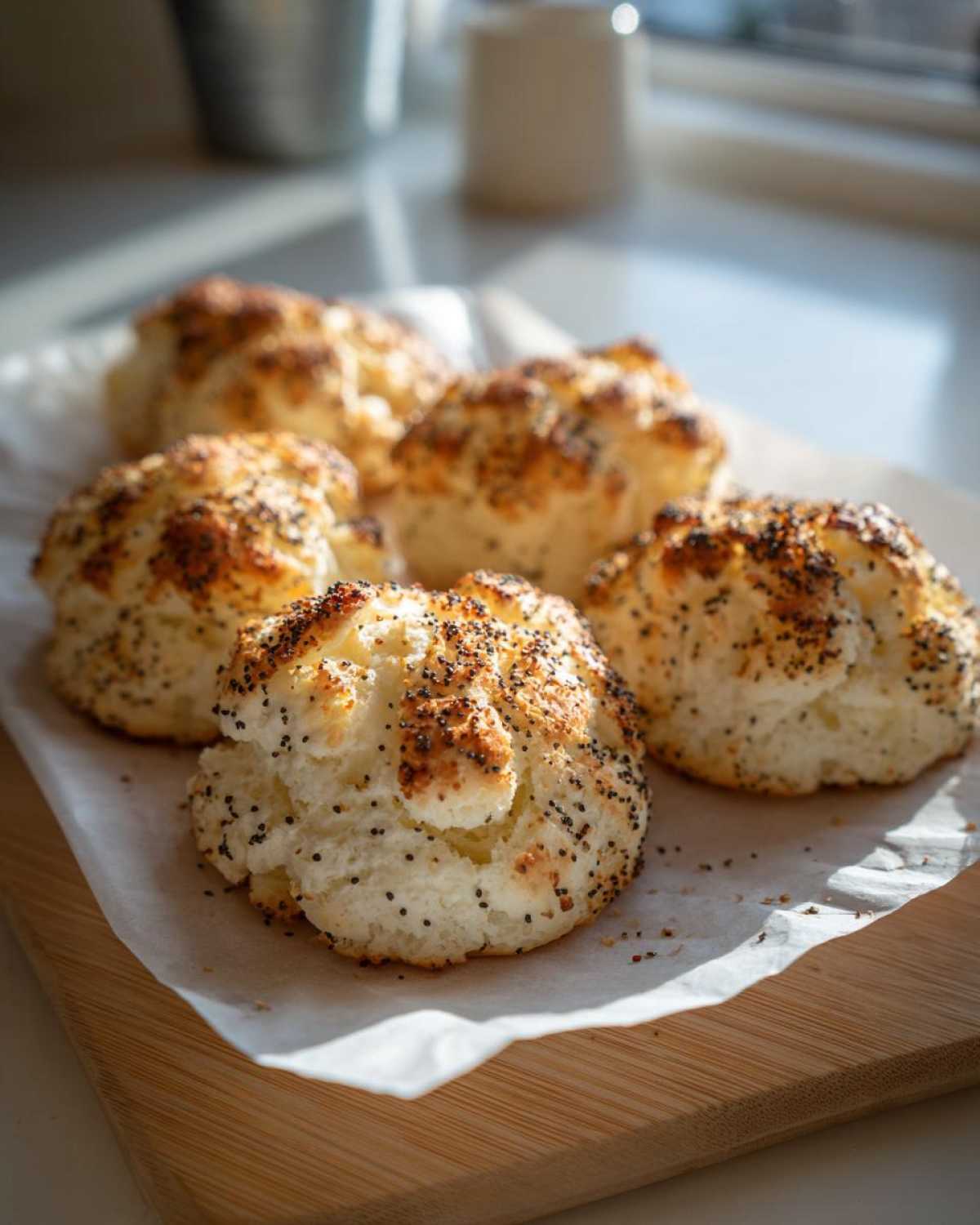 Five golden-brown Keto Everything Bagel Cloud Bread rolls topped with poppy seeds, resting on parchment paper.