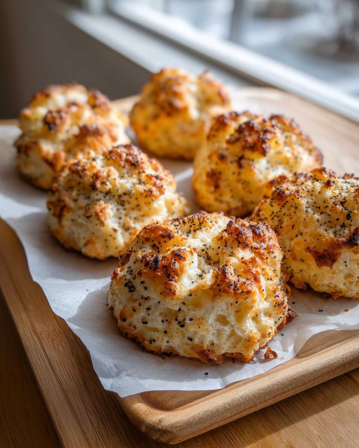Close-up of several golden-brown Keto Everything Bagel Cloud Bread rolls topped with poppy seeds, resting on parchment paper.