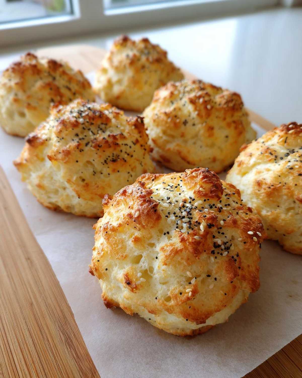 Six golden brown Keto Everything Bagel Cloud Bread rolls topped with poppy and sesame seeds on parchment paper.