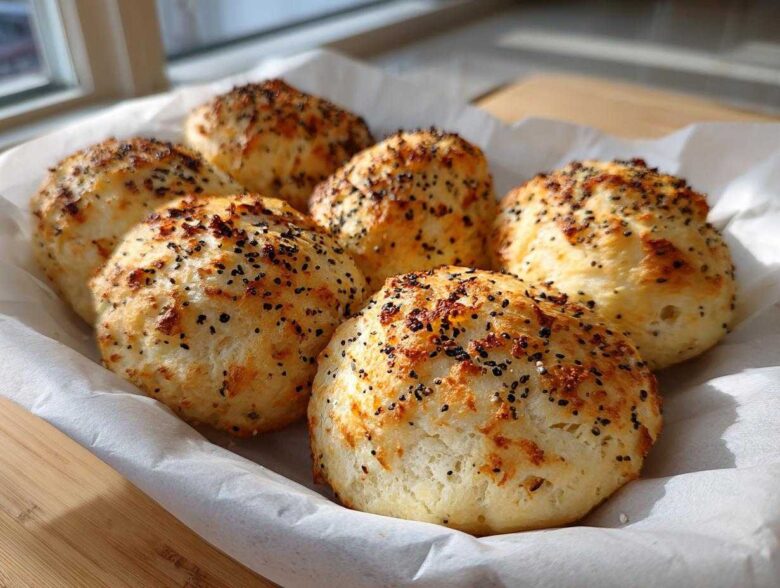Six golden-brown Keto Everything Bagel Cloud Bread rolls topped with black seeds, resting in parchment paper.