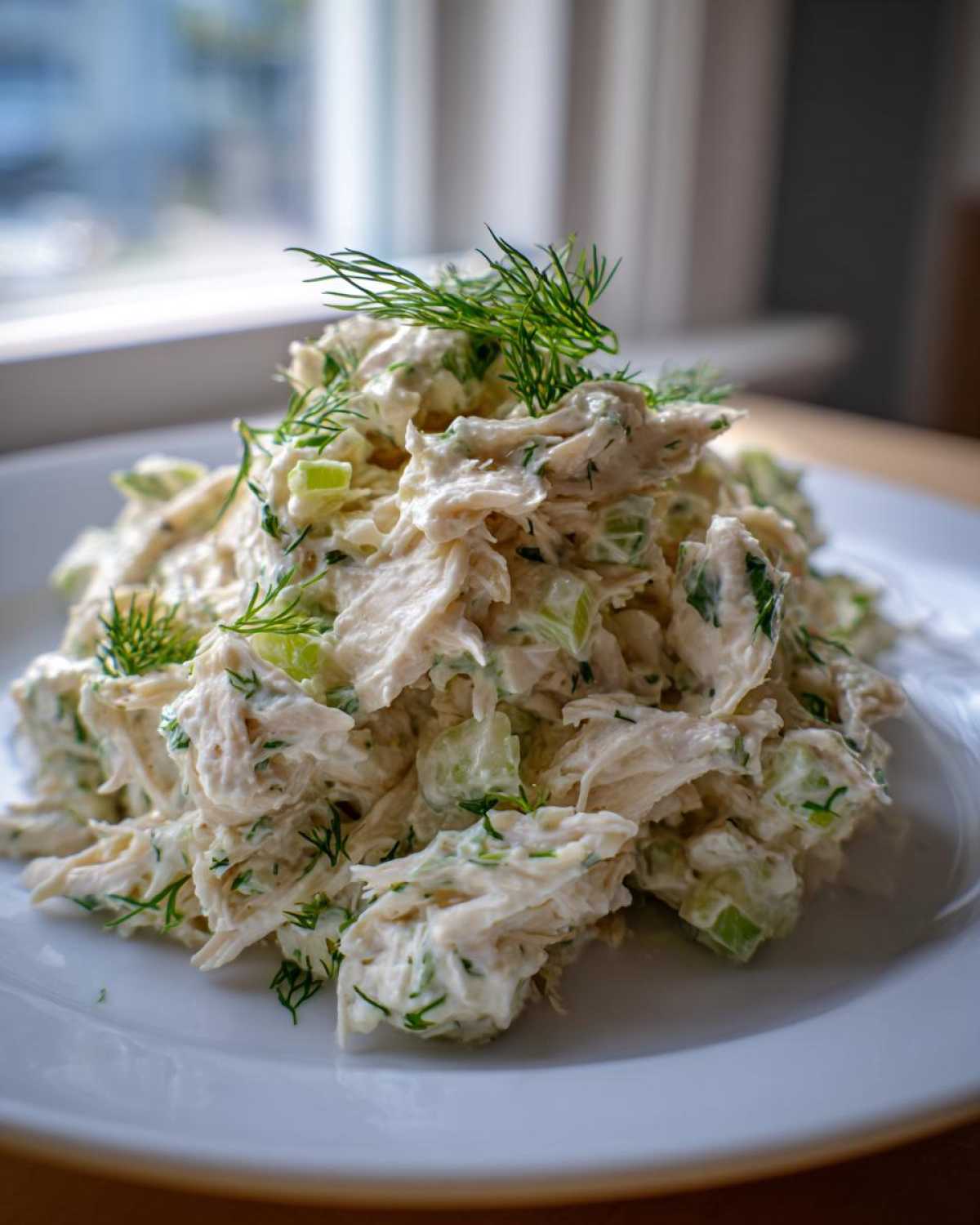 A mound of creamy Keto Lemon Herb Chicken Salad mixed with celery and topped with fresh dill sprigs on a white plate.