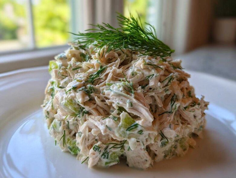 A mound of creamy Keto Lemon Herb Chicken Salad mixed with celery and fresh dill, topped with a sprig of dill.