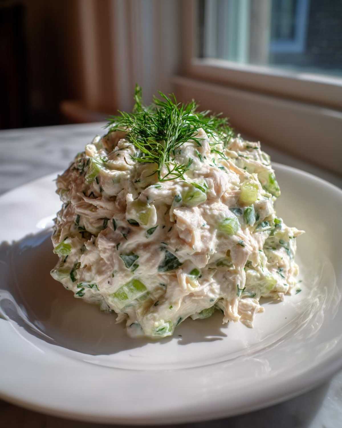 A mound of creamy Keto Lemon Herb Chicken Salad mixed with celery and topped with fresh dill, served on a white plate.