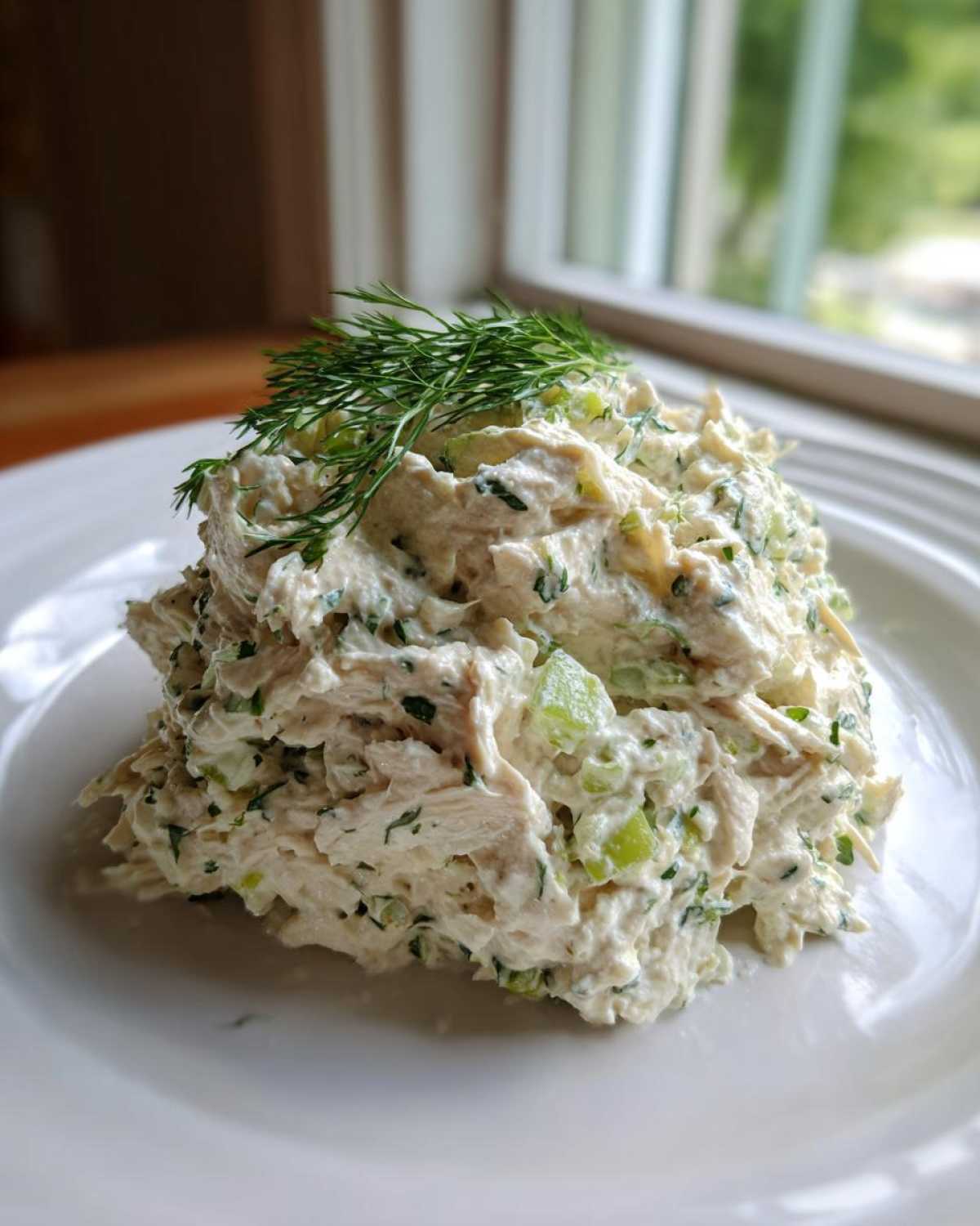 A mound of creamy Keto Lemon Herb Chicken Salad mixed with celery and herbs, topped with fresh dill.
