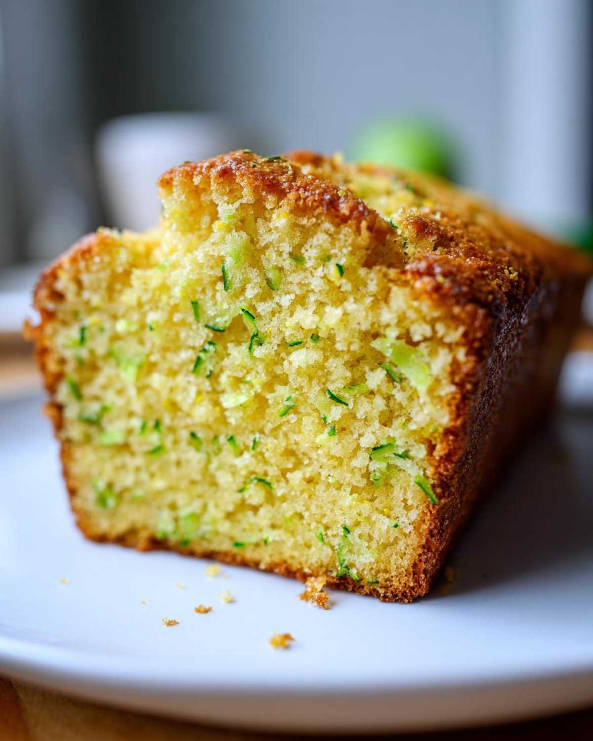 Close-up of a moist slice of Gluten-Free Lemon Zucchini Bread showing visible shreds of green zucchini throughout the crumb.