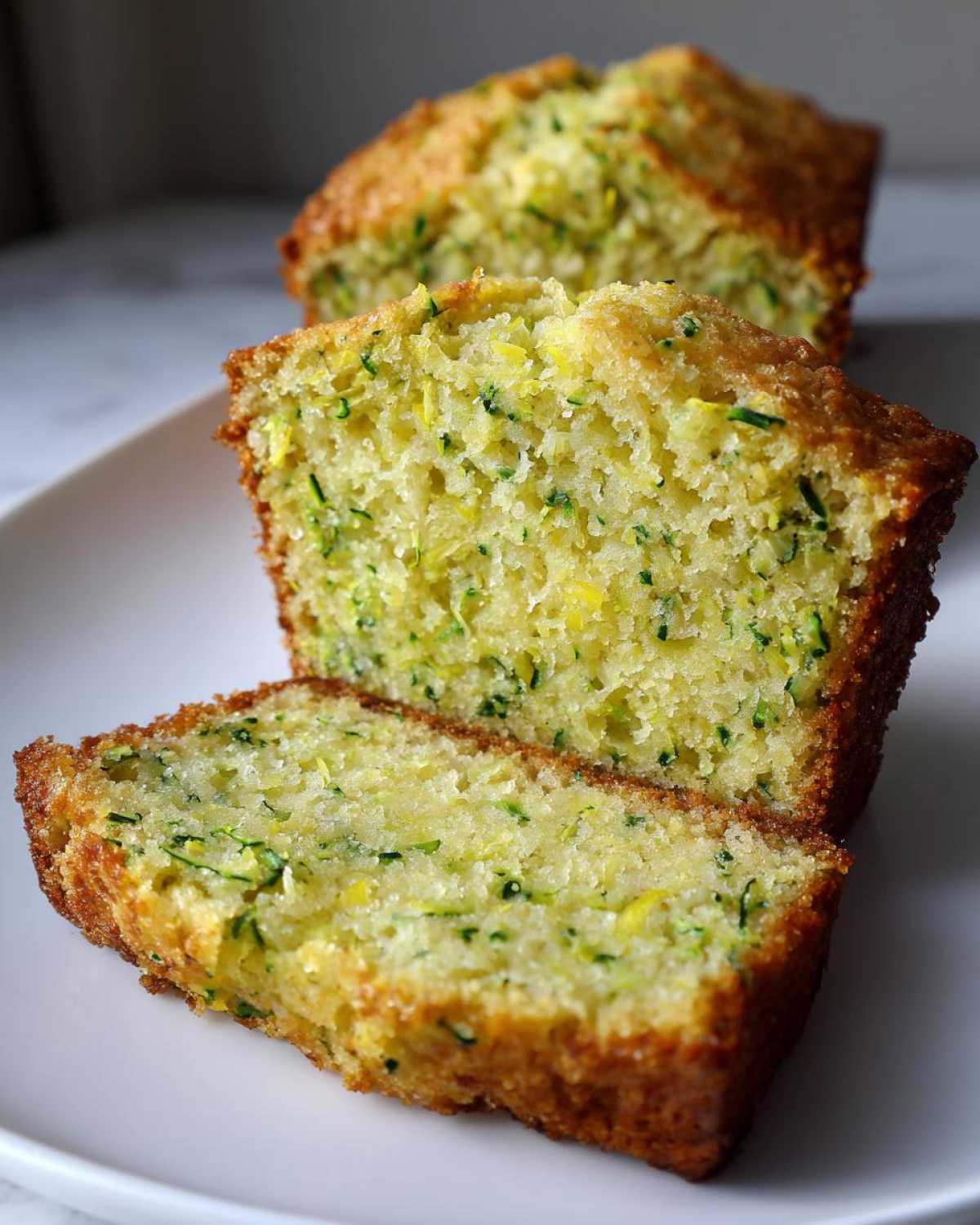 Close-up of moist Gluten-Free Lemon Zucchini Bread slices showing shredded zucchini throughout the crumb.