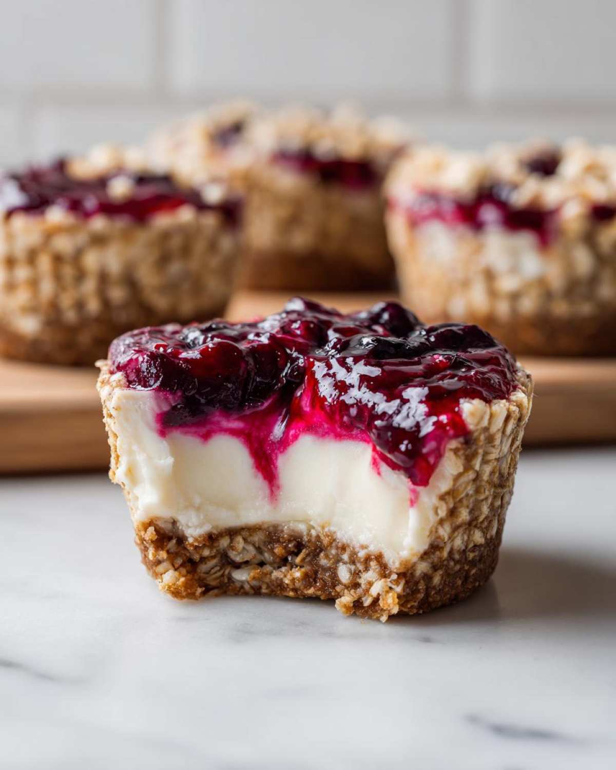 Close-up of a No-Bake Blueberry Cheesecake Oat Cup with a bite taken out, showing the creamy filling and oat crust.