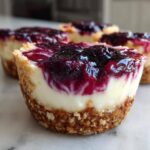A close-up of a No-Bake Blueberry Cheesecake Oat Cup showing the thick oat crust, creamy filling, and glossy blueberry topping.