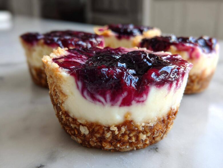 A close-up of a No-Bake Blueberry Cheesecake Oat Cup showing the thick oat crust, creamy filling, and glossy blueberry topping.