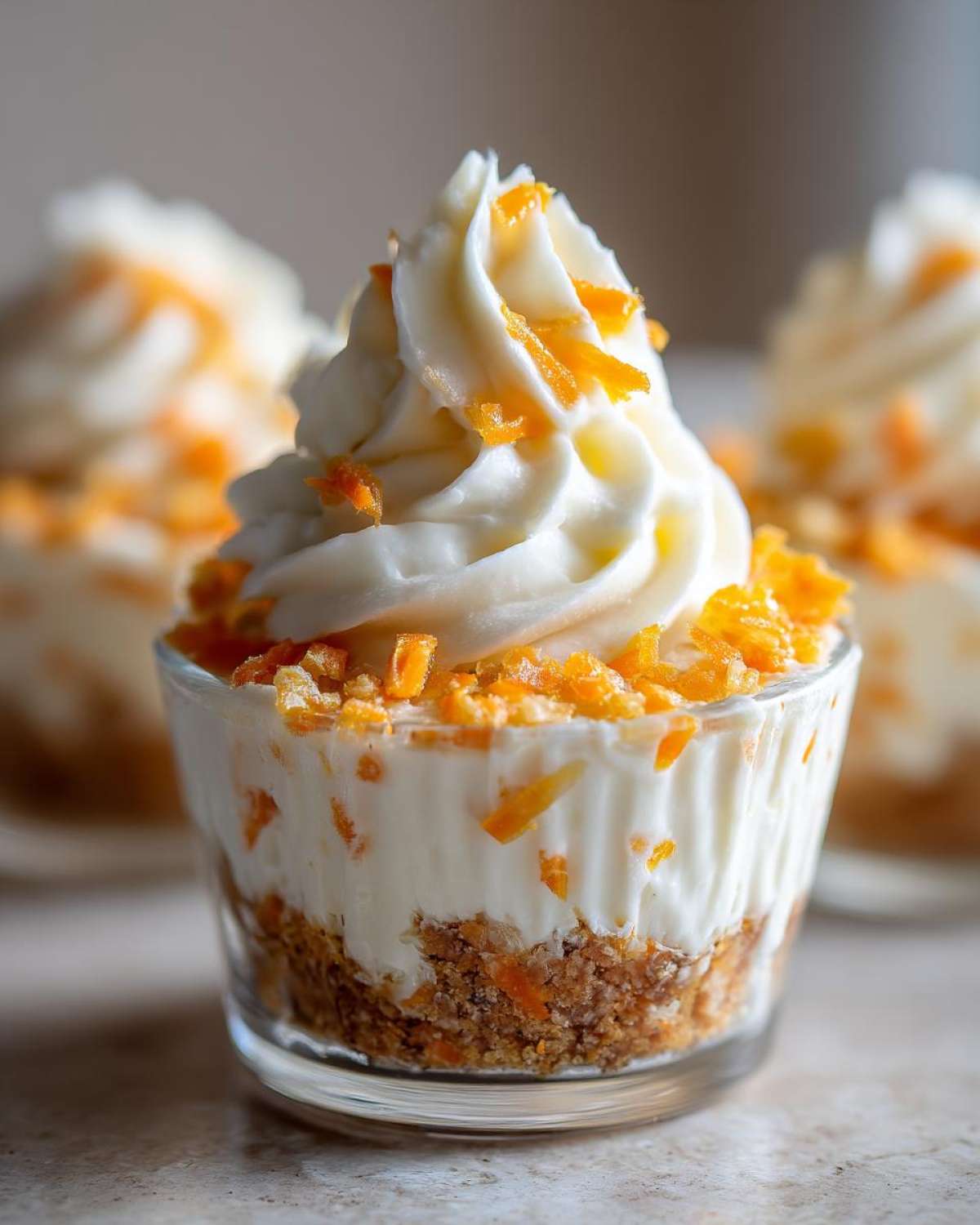 Close-up of a No-Bake Carrot Cake Cheesecake Cup with cream cheese frosting and orange zest.