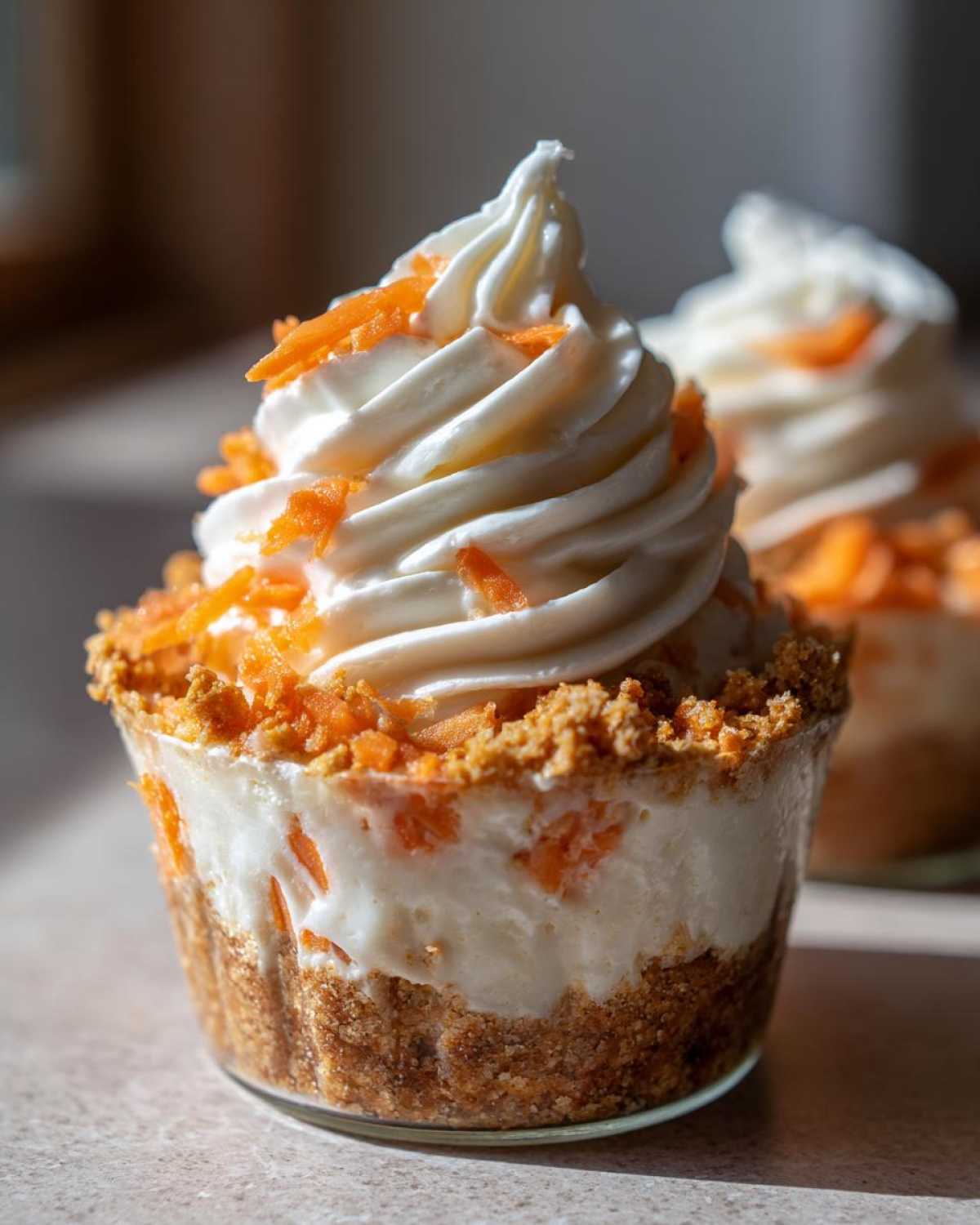 A close-up of a No-Bake Carrot Cake Cheesecake Cup with a graham cracker crust, creamy filling, and piped frosting topped with shredded carrots.