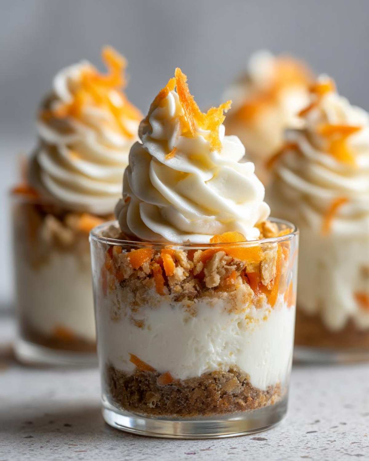 Close-up of a layered No-Bake Carrot Cake Cheesecake Cups dessert in a small glass, topped with cream cheese frosting and carrot zest.