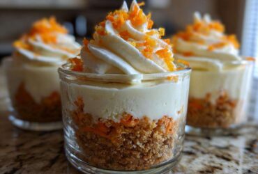 A close-up shot of a layered No-Bake Carrot Cake Cheesecake Cup featuring a graham cracker crust, creamy filling, and cream cheese frosting topped with orange zest.