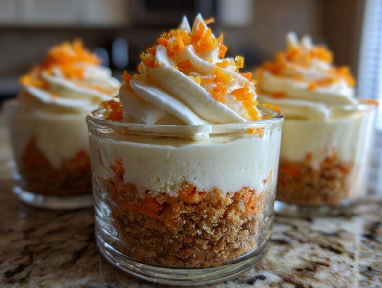 A close-up shot of a layered No-Bake Carrot Cake Cheesecake Cup featuring a graham cracker crust, creamy filling, and cream cheese frosting topped with orange zest.
