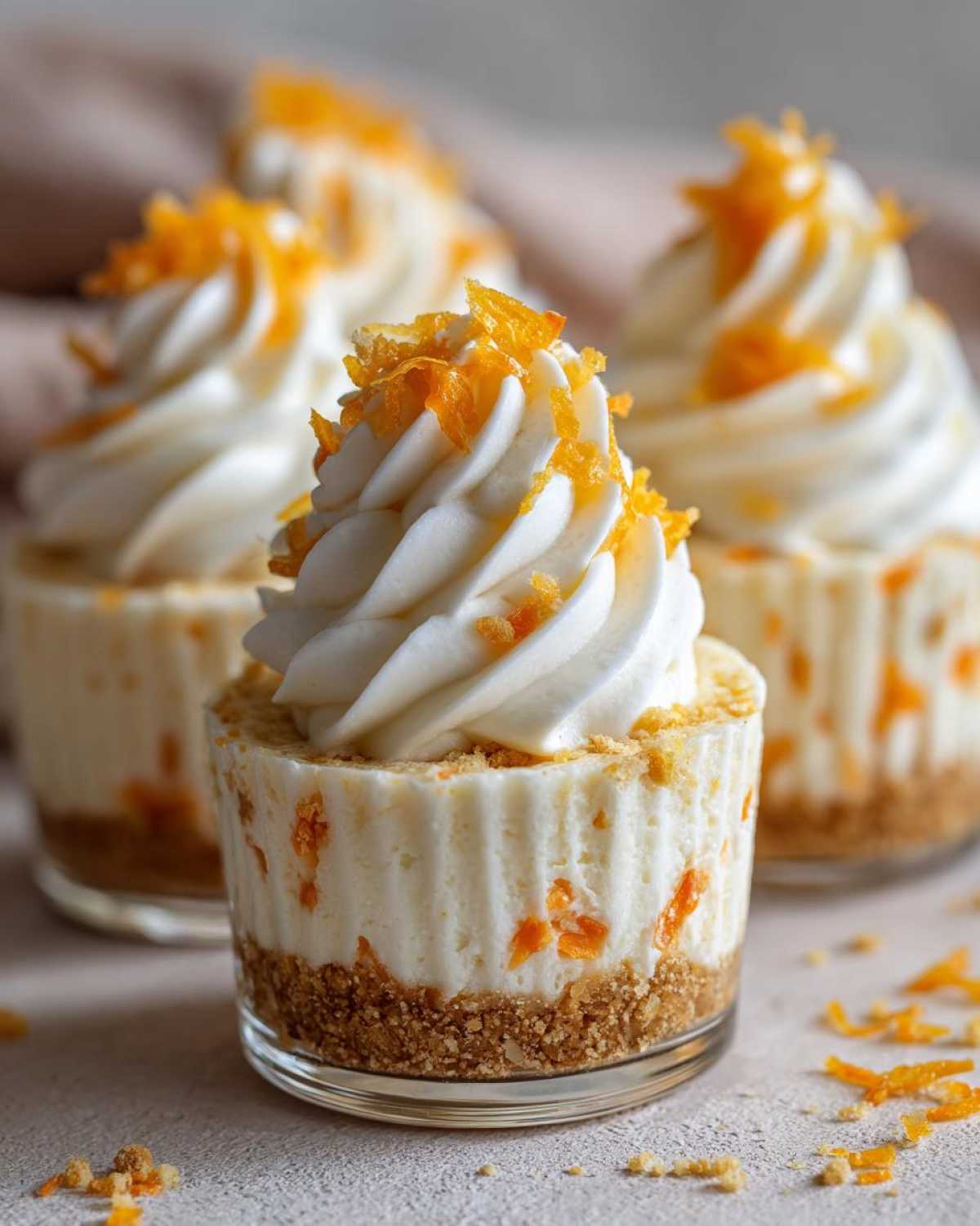 Close-up of a No-Bake Carrot Cake Cheesecake Cup with graham cracker crust and cream cheese topping.