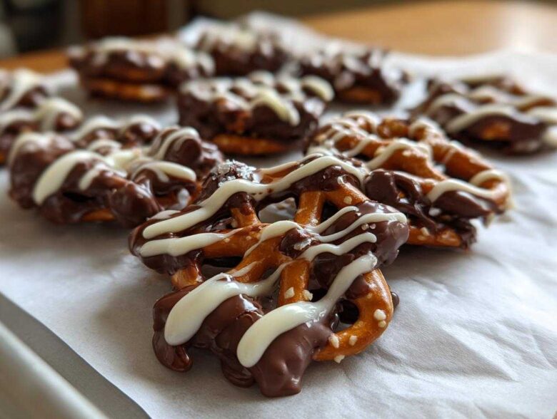 Close-up of several No-Bake Chocolate Covered Pretzel Clusters drizzled with white chocolate on parchment paper.