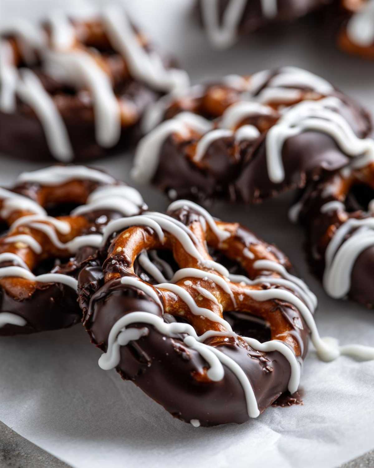 Close-up of No-Bake Chocolate Covered Pretzel Clusters dipped in dark chocolate and drizzled with white icing.