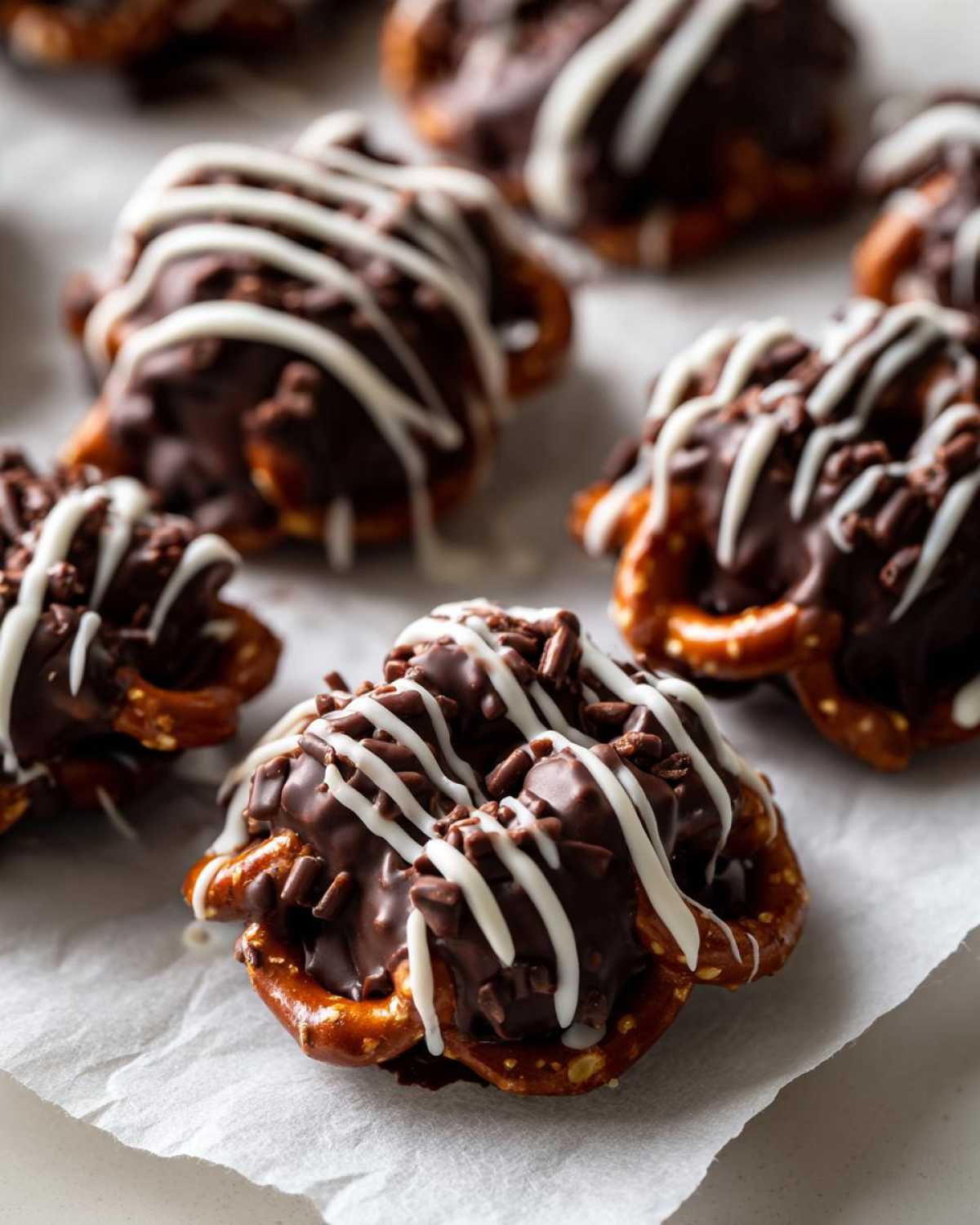 Close-up of several No-Bake Chocolate Covered Pretzel Clusters drizzled with white chocolate on parchment paper.