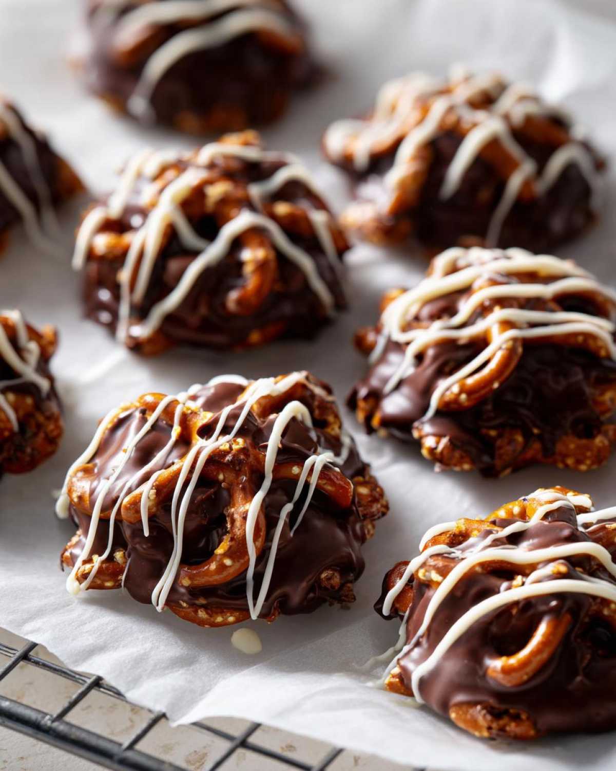 Several No-Bake Chocolate Covered Pretzel Clusters drizzled with white chocolate on parchment paper.