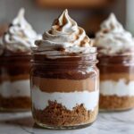 Three layered No-Bake Chocolate Peanut Butter Pie Jars featuring a crust, white layer, peanut butter layer, chocolate layer, and toasted meringue topping.