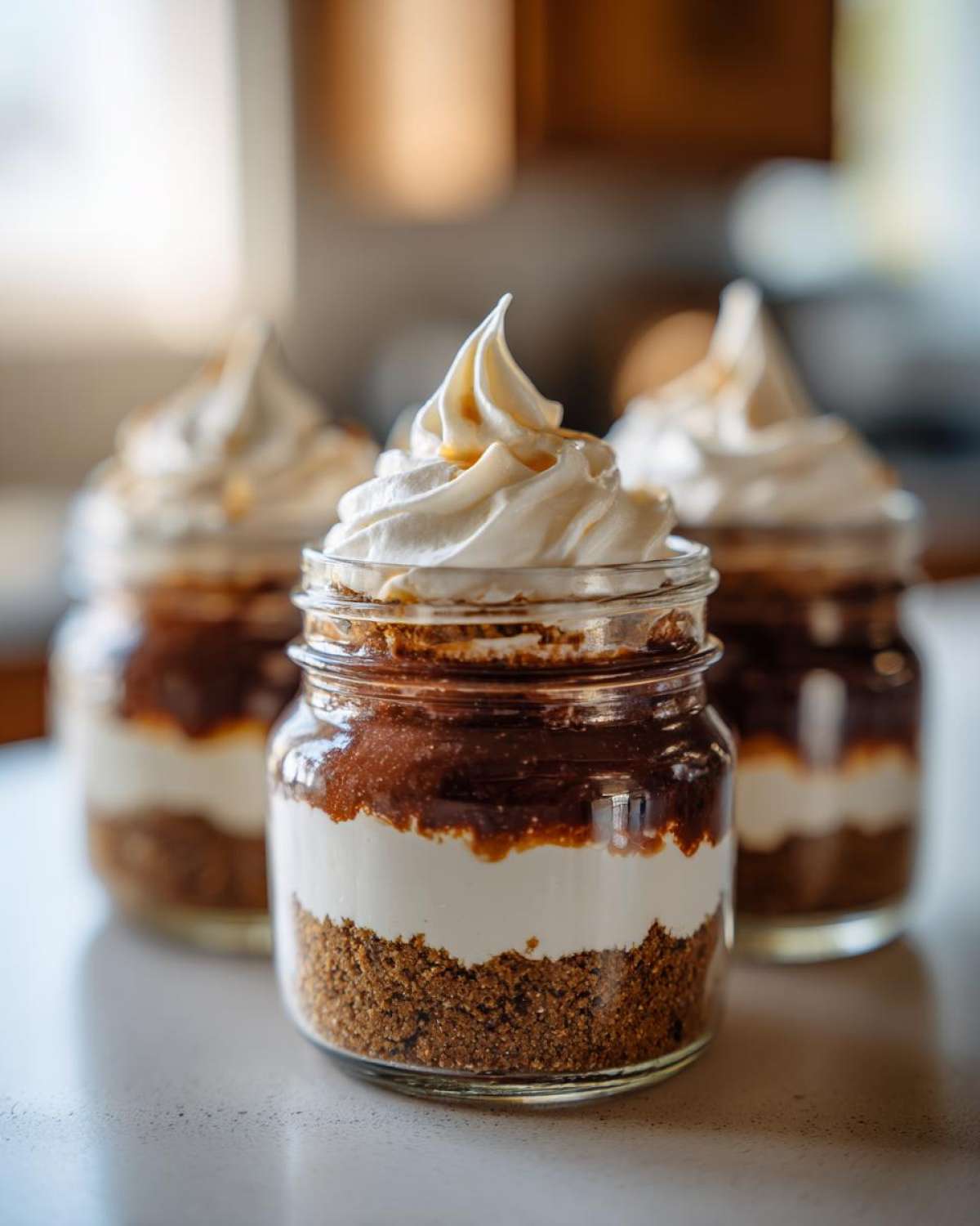 Close-up of a No-Bake Chocolate Peanut Butter Pie Jar showing layers of crust, cream, chocolate, and whipped topping.