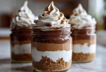 Three layered No-Bake Chocolate Peanut Butter Pie Jars featuring a crust, white layer, peanut butter layer, chocolate layer, and toasted meringue topping.
