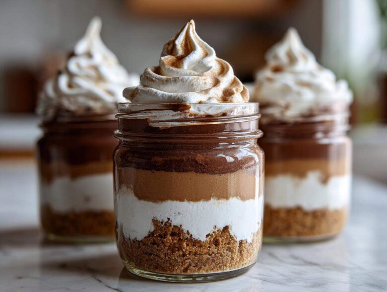 Three layered No-Bake Chocolate Peanut Butter Pie Jars featuring a crust, white layer, peanut butter layer, chocolate layer, and toasted meringue topping.