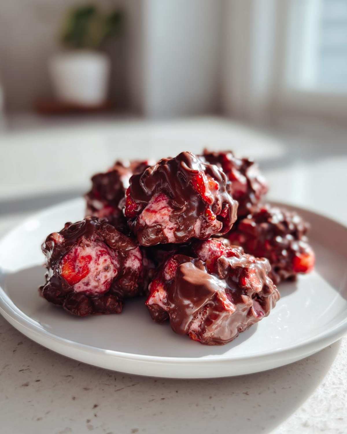 A pile of homemade No-Bake Chocolate Strawberry Yogurt Clusters coated in melted dark chocolate.