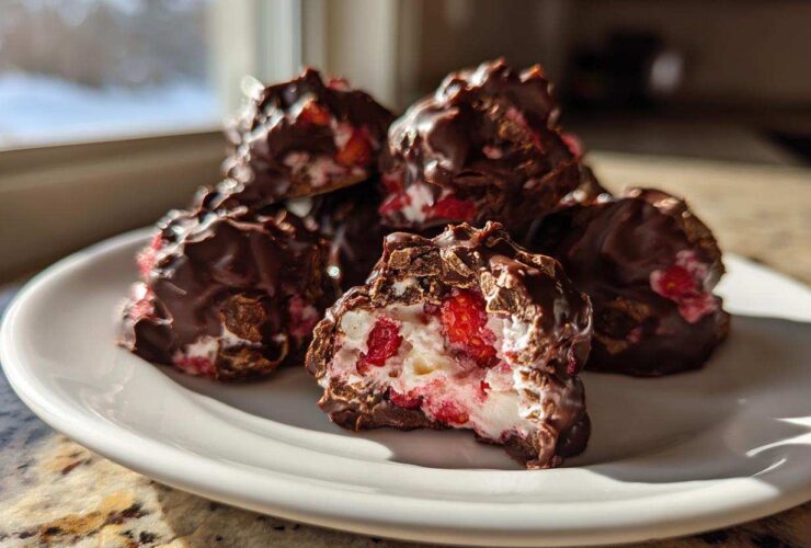 A pile of No-Bake Chocolate Strawberry Yogurt Clusters on a white plate, one is bitten open showing the yogurt and strawberry filling.