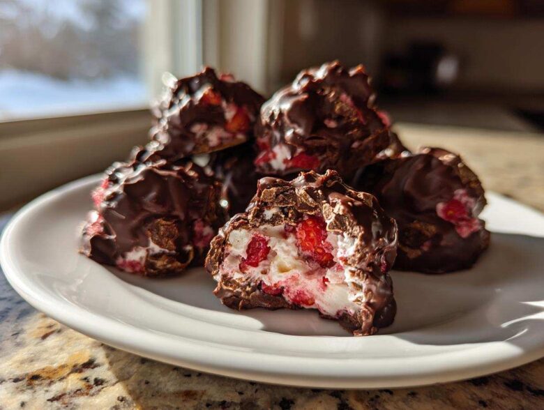 A pile of No-Bake Chocolate Strawberry Yogurt Clusters on a white plate, one is bitten open showing the yogurt and strawberry filling.
